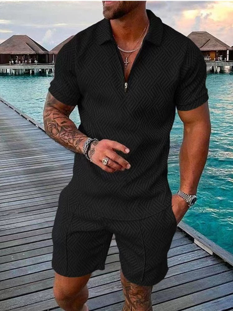 xiangtuibao Men's Polo Suit Fashion Men Sets Mens Solid Color Summer V-neck Zipper Short Sleeve POLO Shirt+Shorts Two Pieces Men Casual Suit