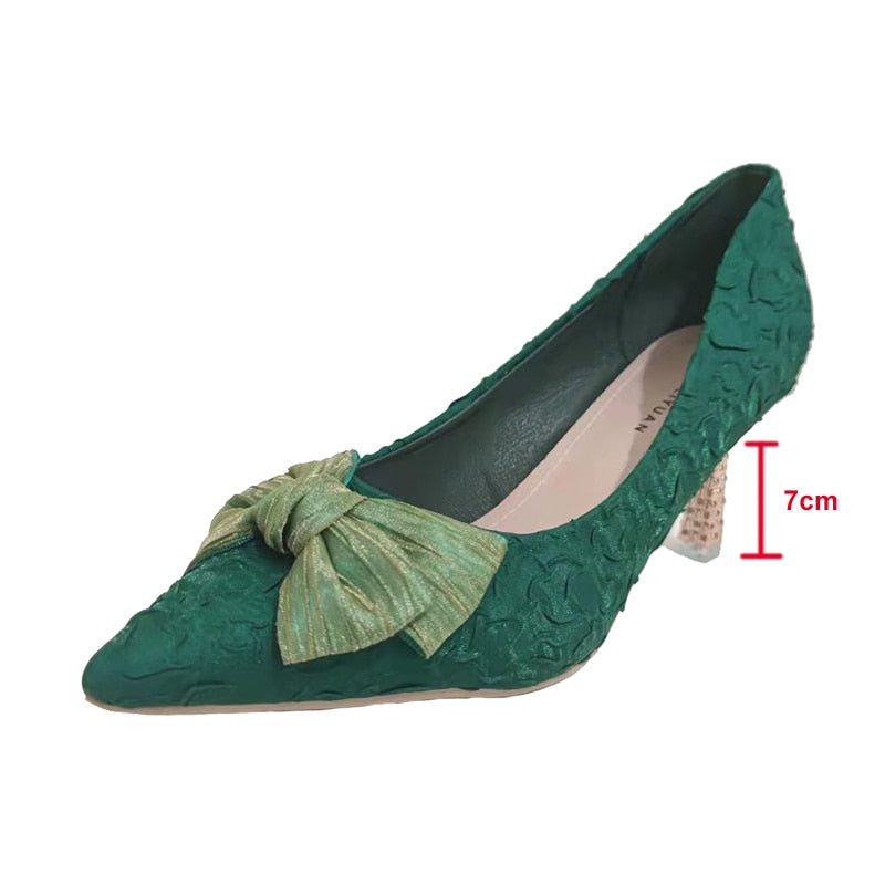Green Silk Bowtie High Heels Pumps for Women Sexy Pointed Toe Metal Stiletto Heels Wedding Party Shoes Woman  Spring Bombas