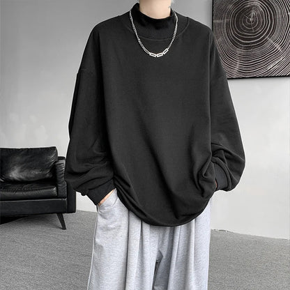 xiangtuibao  -  Autumn Winter Stand Collar T Shirt Men Oversized Casual T-shirt Men Streetwear Korean Loose Long Sleeve T-shirt Mens Top M-3XL