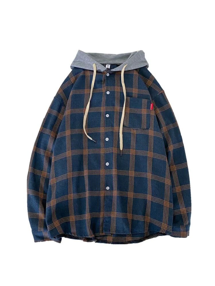 xiangtuibao Men Women Hooded Long Sleeve Shirt Casual Plaid Printed Shirts Couple Casual Clothes Hip Hop Streetwear Blouse Tops