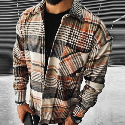 xiangtuibao Business Casual Plaid Print Wool Shirt Jacket Men  Spring Single Breasted Lapel Top Autumn Pocket Patchwork T-shirt Cardigan