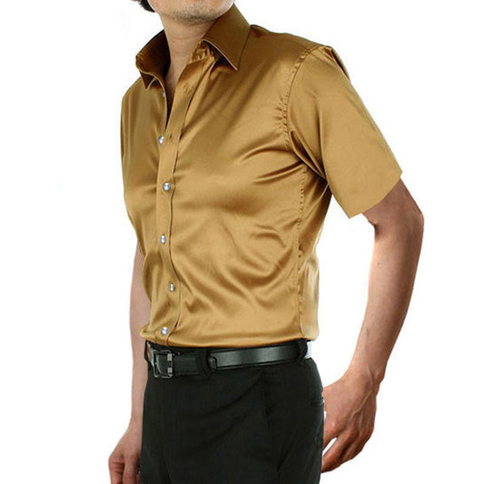 xiangtuibao Stylish Gold Silk Satin Shirt Men Chemise Homme Casual Short Sleeve Slim Fit Mens Dress Shirts Business Camisa Masculina