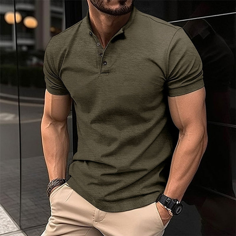 xiangtuibao Summer Vintage Henry T Shirts Men Leisure Solid Color Short Sleeve Button Slim Polo Tee For Mens Casual Slim Fit Tops Streetwear