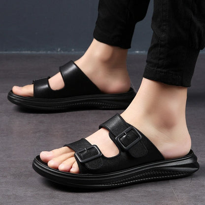 New Men's Genuine Leather Rubber Slippers High Quality Soft Two Buckle Slides Footwear For Men Flip-flops Size 38-44