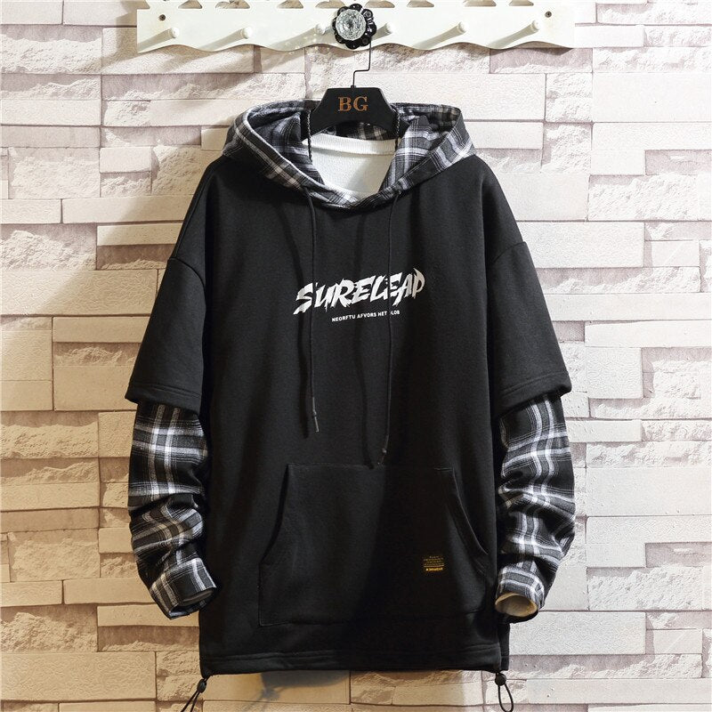 xiangtuibao Black Patchwork Hoodies Autumn Spring Men's Sweatshirts Hiphop Punk Streetwear Casual Pullover Patchwork Hoodie Black Lattice