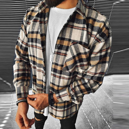 xiangtuibao Business Casual Plaid Print Wool Shirt Jacket Men  Spring Single Breasted Lapel Top Autumn Pocket Patchwork T-shirt Cardigan