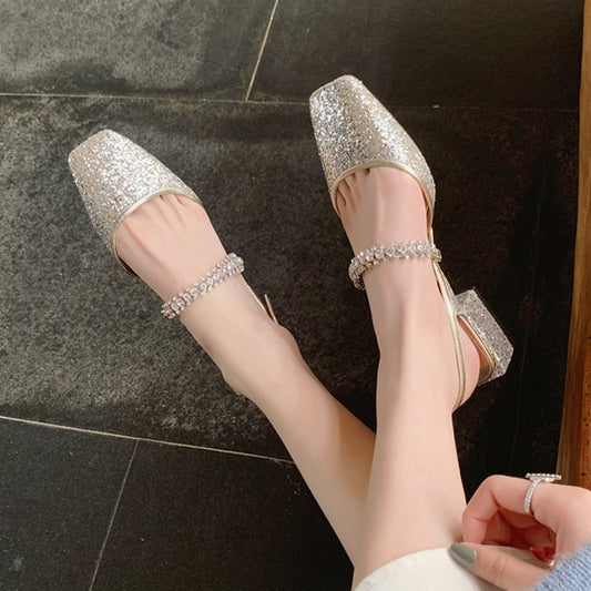 Rimocy Shining Sequins Square Heels Sandals Women Fashion Crystal Strap Party Shoes Woman Sqaure Toe Bling Low Heeled Pumps