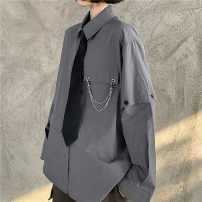 xiangtuibao Gray Shirts Women Harajuku Detachable Sleeve Oversized Bf Gothic Blouse with Tie Vintage Streetwear Punk Autumn Shirt