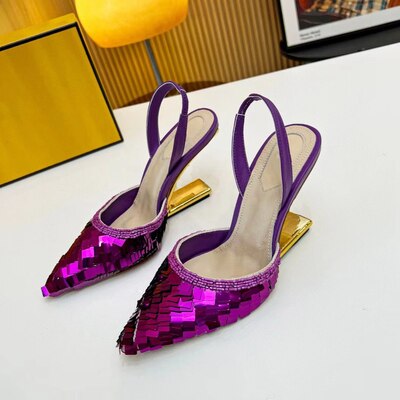 xiangtuibao Brand Pink Sequin Sandals Luxury Leather Pointed Toe High Heels Metal Strange Style Heel Runway Pumps Banquet Party Shoes Women