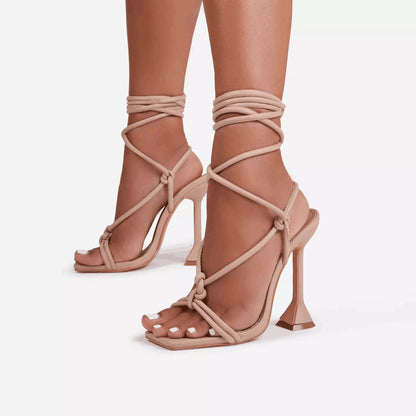 xiangtuibao Summer women sandals narrow band vintage square toe high heels cross strap thong sandals women V shape design shoes women