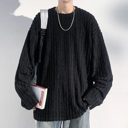 xiangtuibao -  Solid Colour Raw Edge Striped Sweatshirt Retro Long Sleeve T-Shirt Men's Autumn Loose Streetwear Large Size Casual Sweatshirts