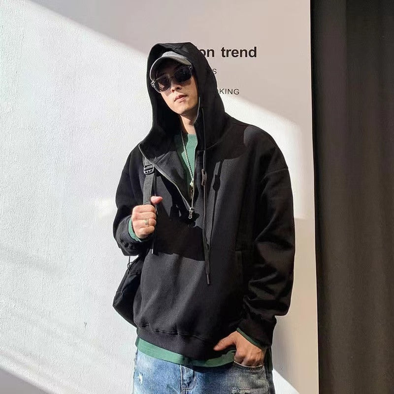 xiangtuibao Men's Zipper Decorate Pullover Solid Color Hooded Hoodies Fashion Trend Loose Retro Sweatshirts Casual Clothes Coats M-3XL