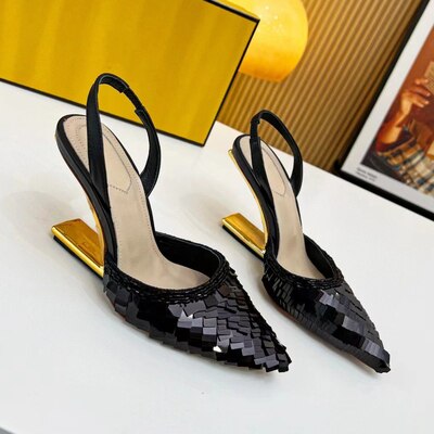 xiangtuibao Brand Pink Sequin Sandals Luxury Leather Pointed Toe High Heels Metal Strange Style Heel Runway Pumps Banquet Party Shoes Women