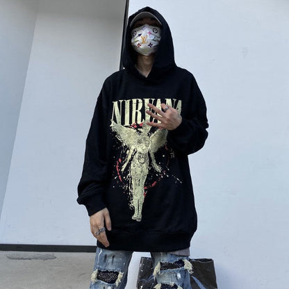 xiangtuibao y2k American style angel print hooded sweater loose high street punk sweater American retro fashion hip hop couple new jacket