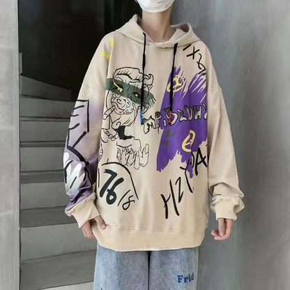 xiangtuibao Autumn and winter Korean style trend plus fleece hooded sweater men graffiti hip-hop all-match loose printed coat couple sweater