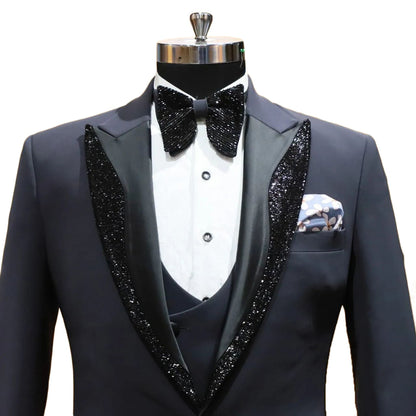 xiangtuibao Men's Suit 2 Pieces Blazer Vest One Button Peaked Satin Lapel Sequins Business Slim Fit Formal Work Wedding Groom Costume Homme