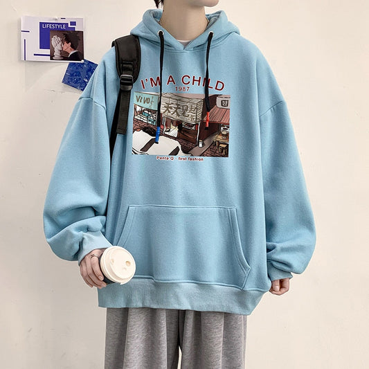xiangtuibao Men's New Youth Casual Loose Size Plus Hoodies Graphical Patterned Hong Kong Long Sleeve Pockets Couple Outfit Sweatshirt