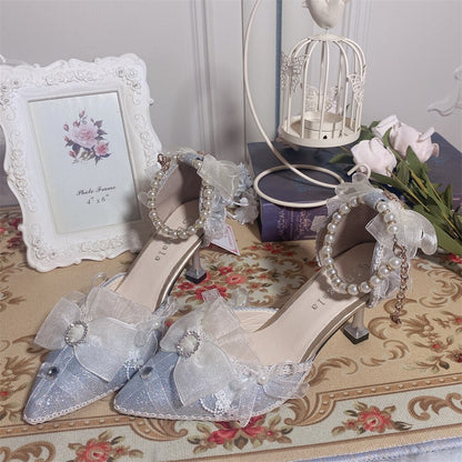 xiangtuibao Pearl Chain Sweet Lace Bowknot Elegant Princess  Pointed Sandals Lolita Shoes Silver Wedding Tea Party Cosplay Lolita Shoes