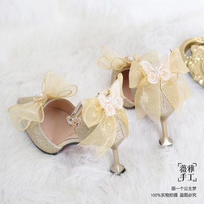 xiangtuibao French Girl Butterfly Multicolor Lace Bowknot Pearl Sequin Lolita Shoes Pointed Sandals High Heel Victoria Tea Party Cosplay Lol