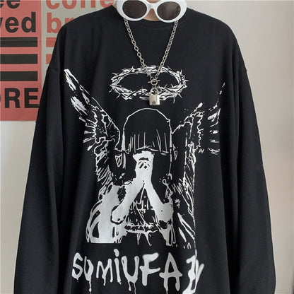 xiangtuibao Men Long Sleeve T-Shirts Autumn Print Gothic Vintage Ulzzang Cozy High Street Streetwear Trendy Baggy Korean Version Harajuku Bf