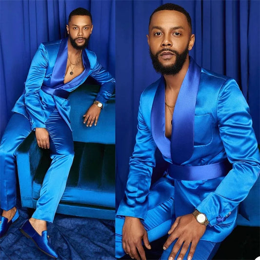 xiangtuibao New Fashion Italian Suits for Men Satin Slim Fit Royal Blue Shiny Groom Prom Wedding Chic Suit 2 Pcs Male Blazer with Pants