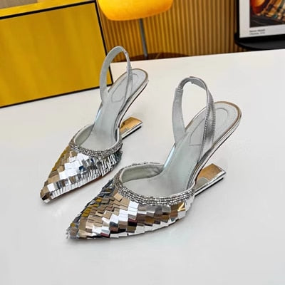 xiangtuibao Brand Pink Sequin Sandals Luxury Leather Pointed Toe High Heels Metal Strange Style Heel Runway Pumps Banquet Party Shoes Women