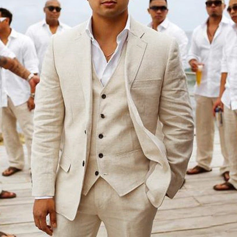 xiangtuibao Summer Beach Linen Male Suit For Wedding 3 Piece Casual Men Blazer Costume Homme Light Beige Terno Masculino Custom Made