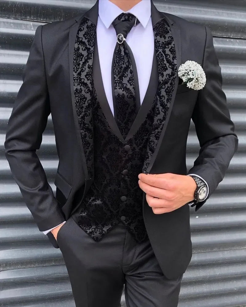 xiangtuibao Costume Homme Mariage Men's Suits Silm Black Groom Tuxedos Lace Notch Lapel Blazer Groomsmen Suits For Wedding Jacket+Vest+Pant