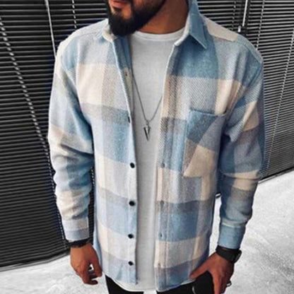 xiangtuibao Business Casual Plaid Print Wool Shirt Jacket Men  Spring Single Breasted Lapel Top Autumn Pocket Patchwork T-shirt Cardigan