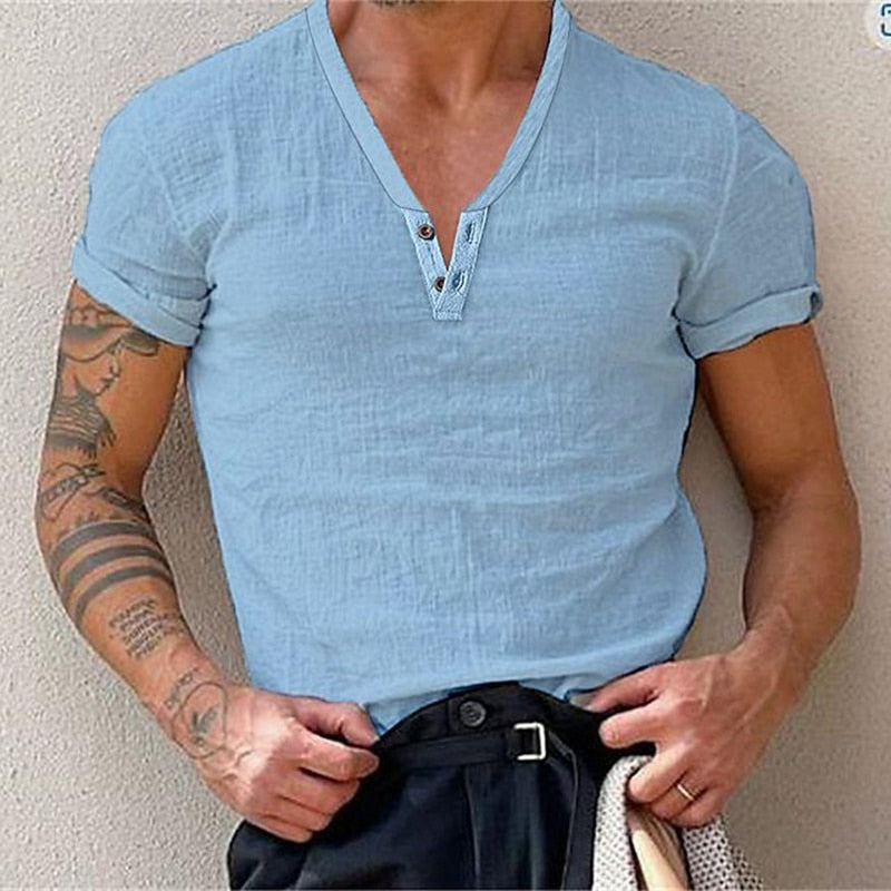 xiangtuibao Cotton Casual t Shirts Mens Clothing Solid Short Sleeve Polos Shirts Summer Fashion Man Streetwear Button V-neck Tee Tops