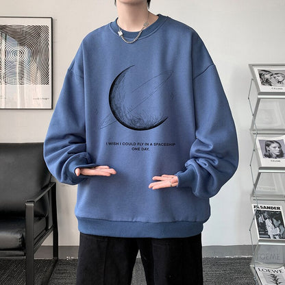 xiangtuibao Winter Warm Sweatshirts New Men Simple Stroke Moon Graphic Pullovers Oversized Korean Style Man Letter Print O Neck Tops