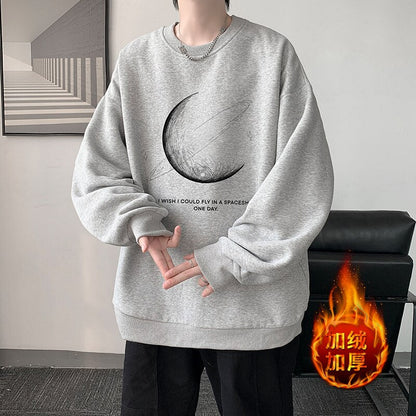 xiangtuibao Winter Warm Sweatshirts New Men Simple Stroke Moon Graphic Pullovers Oversized Korean Style Man Letter Print O Neck Tops