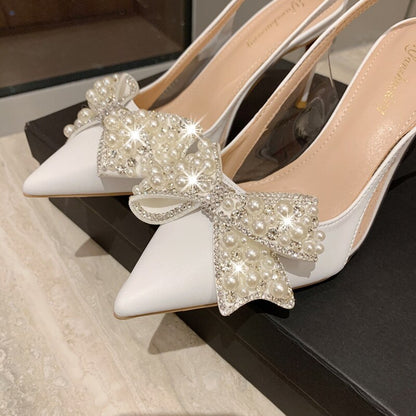 Women's Fashion Sandals Stiletto Point Rhinestone Pearls Korean Bride Bridesmaid Elegant Dress High Heels White Wedding Shoes