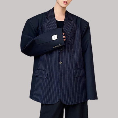 xiangtuibao Men Blazer Lapel Long Sleeve Loose Large Edition Navy Striped Patchwork Shoulder Pad Suits Korean Stylish Casual Coats