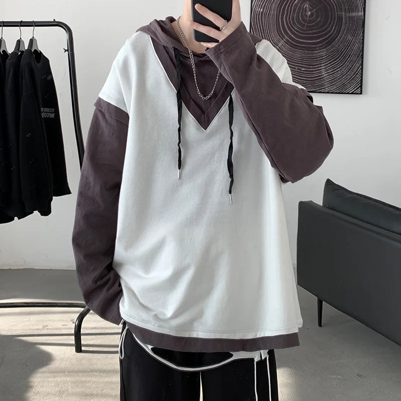 xiangtuibao - Spring Cotton Hoodie Men Fashion Fake Two Piece Sweatshirt Streetwear Korean Loose Hip Hop Pullover Hoodies Mens Clothing M-5XL