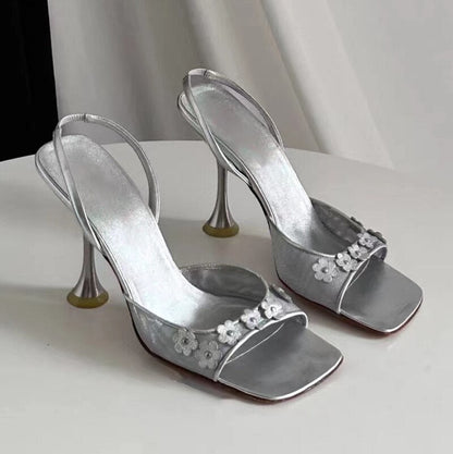 xiangtuibao Retro Design Floral Stilettos  Summer New Square Head Sexy Open Toe Sandals Women's Silver Elegant Shallow Mouth Hight heels