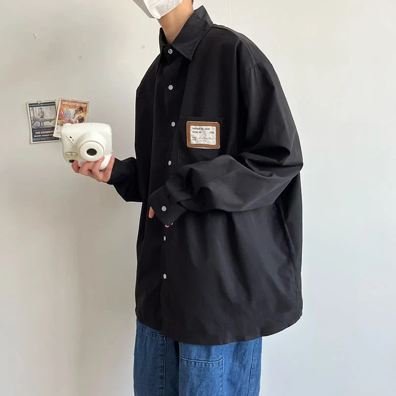 xiangtuibao  -  Labeling Uniform Shirts Casual Lapel Long Sleeve Solid All-match Trend Loose Top Coat Oversize Shirt Four Seasons Men's Clothing