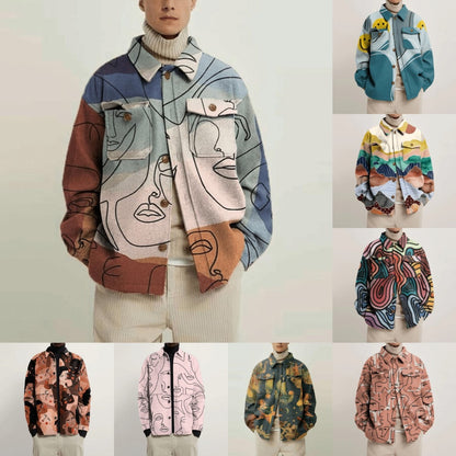 xiangtuibao Eyes Print Hipster Men Jackets Turn-down Collar Shirts Spring Autumn Fashion Cardigan Tops Casual Streetwear England Style