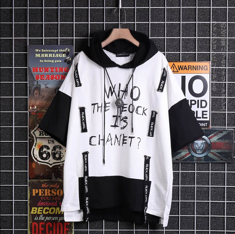 xiangtuibao New Men T-shirt Korean Hooded T-shirt Fashion Harajuku Short Sleeve Top Hip Hop T Shirts Mens Summer Print Men Clothing T5