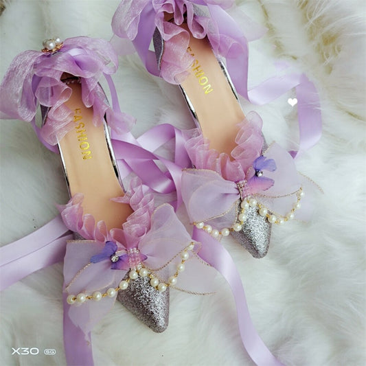 xiangtuibao Sweet Girls Summer Purple Pearl Chain Lace Big Bowknot Lolita Shoes Cute Princess Victoria Pointed Sandals Cosplay Lolita Shoes