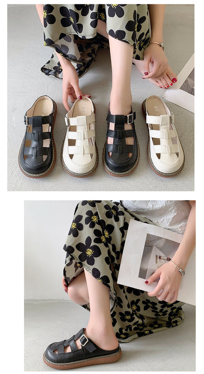 Female Shoes Low Cover Toe Slippers Casual Fretwork Heels Slides  Luxury Summer Flat Rubber PU Fretwork Heels Cover Toe Low