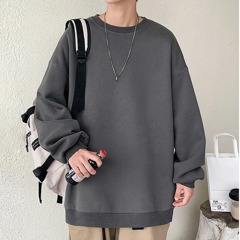 xiangtuibao  -  Streetwear Oversize Sweatshirts Casual Spring Solid Long Sleeve Tops Tee For Man Fashion Loose O-Neck Simple Shirts Men Clothing