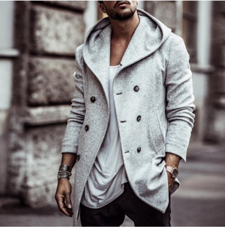 xiangtuibao Mens Fashion Hooded Woolen Coat Autumn Double Breasted Solid Color Male Winter Jacket Fashion Ropa De Hombre