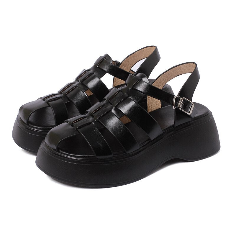 Split  Leather Platform Sandals Japanese Retro Gladiator Woman Flats Buckle Strap Woman Simple Shoes Summer Sandal Roman Style