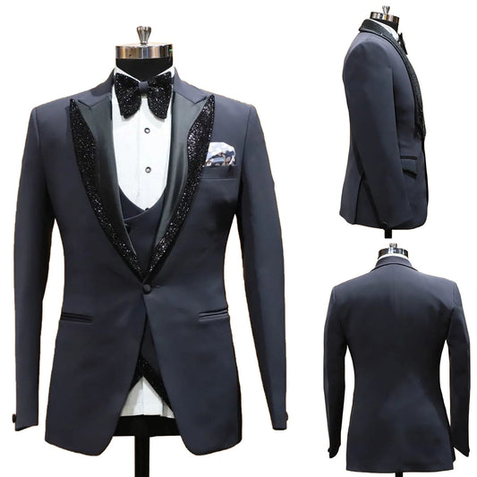 xiangtuibao Men's Suit 2 Pieces Blazer Vest One Button Peaked Satin Lapel Sequins Business Slim Fit Formal Work Wedding Groom Costume Homme