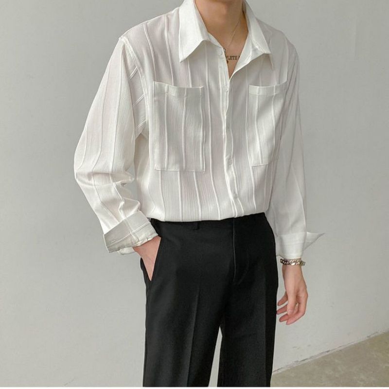 xiangtuibao Fashion Lapel Button Spliced Pockets All-match Shirts Men's Clothing Spring New Loose Casual Tops Solid Color Korean Shirt