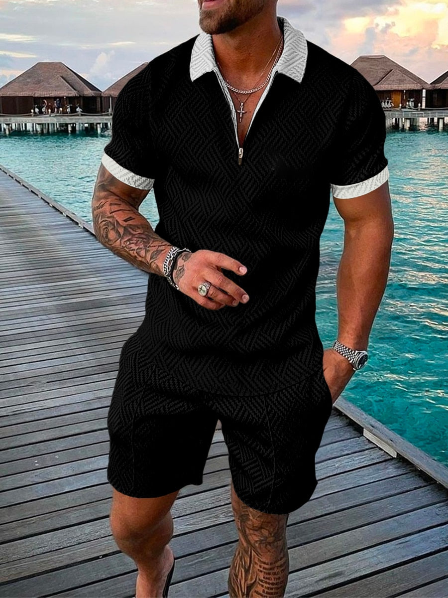 xiangtuibao Men's Polo Suit Fashion Men Sets Mens Solid Color Summer V-neck Zipper Short Sleeve POLO Shirt+Shorts Two Pieces Men Casual Suit