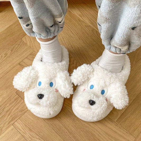 xiangtuibao Cute Dog Furry Slippers Women Winter Warm Plush Memory Foam Slides Fluffy Fur Home Slippers Indoor Animal Shoes