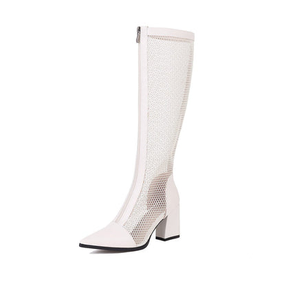 Sexy Mesh knee high Boots Summer Women Pointed Toe High Heels Woman's Shoes Ladies Zip Sandals Cool Boot Female Bottes Big size