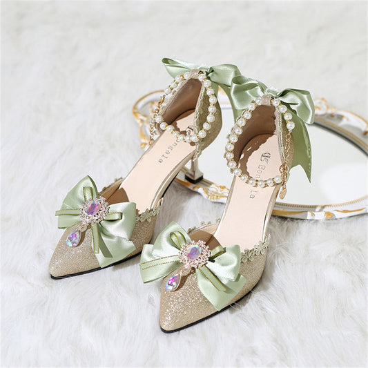 xiangtuibao Mori Girl Pearl Chain Diamond Bowknot Lolita Shoes Spring Woman Starry Sky Pointed Sandals High Heel Cosplay Lolita Shoes